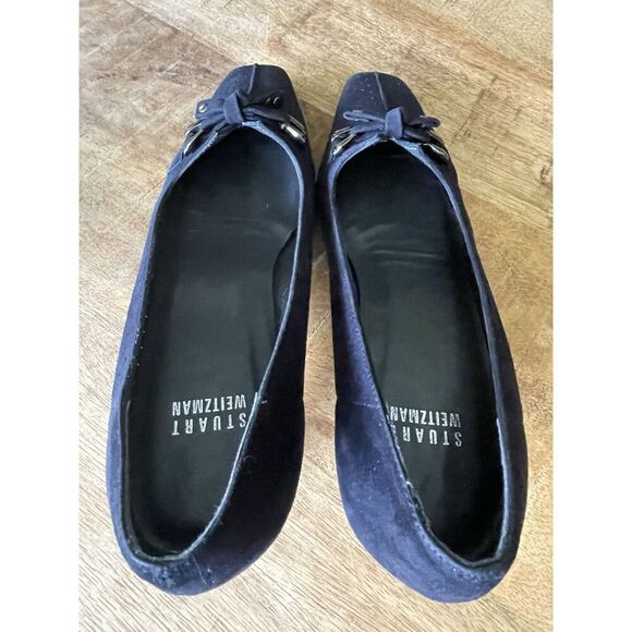 Stuart Weitzman Navy Suede Pumps Retro Inspired Square Toe Bow Low Heel Size 6 - Picture 6 of 6